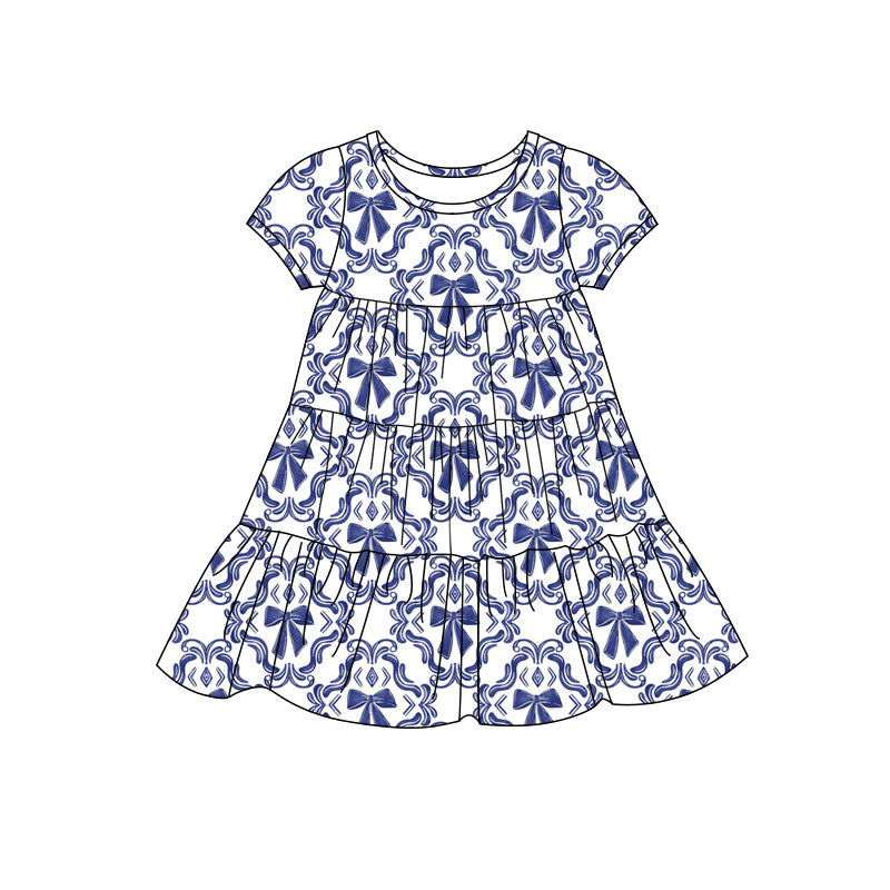 Preorder(moq 5) Baby Girls Navy Bows Checked Patchwork Ruffle Knee Length Dresses