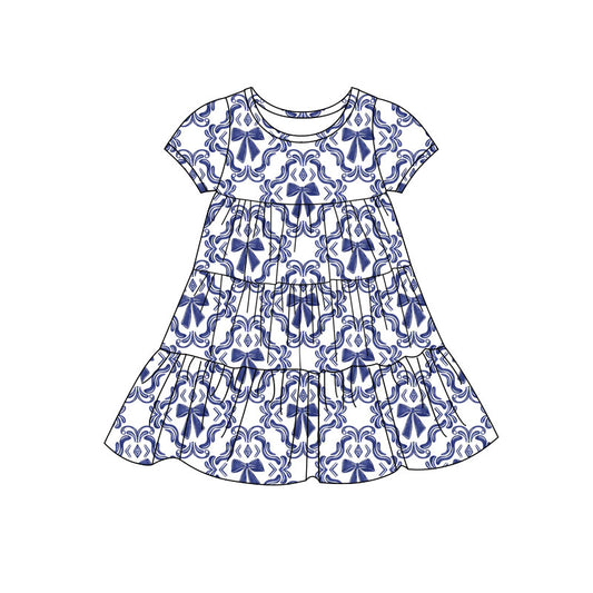 Preorder(moq 5) Baby Girls Navy Bows Checked Patchwork Ruffle Knee Length Dresses