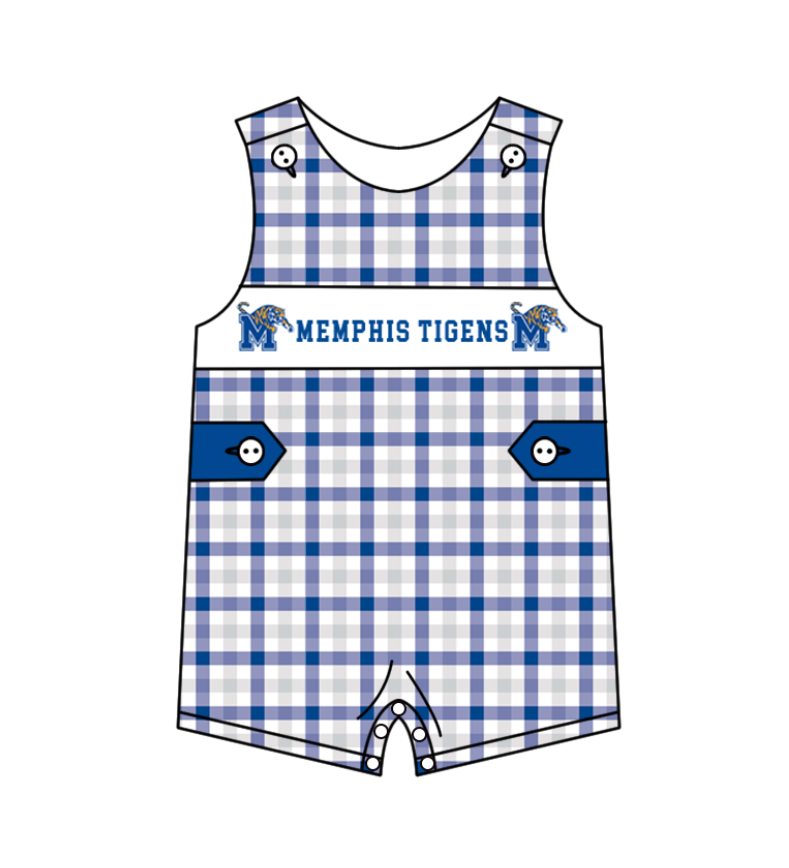 Preorder (moq 5)Baby Boys Memphis Tigers Blue Checked Shorts Rompers