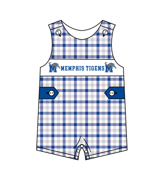 Preorder (moq 5)Baby Boys Memphis Tigers Blue Checked Shorts Rompers