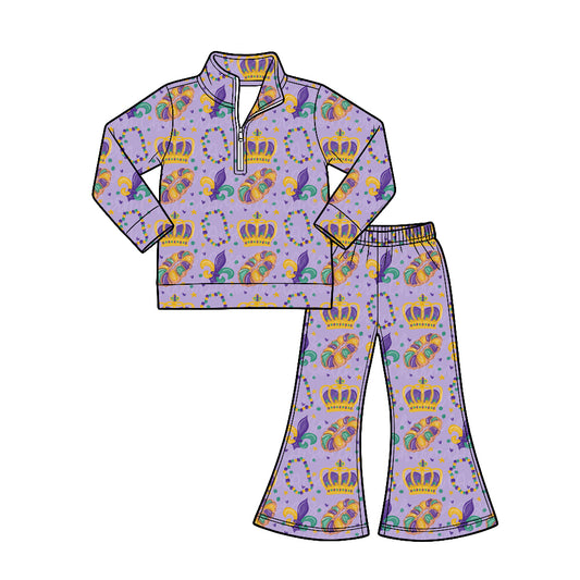 Preorder (moq 5)  girl clothes Mardi Gras Mardi Gras Crown Long Sleeve 1/4 Zip Pullover Flare Pants 2‑Piece Outfit Set