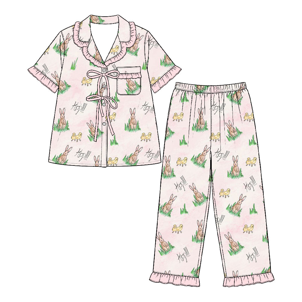 Preorder (moq 5) Baby Girl Clothes Bunny Chick Grass Mixed Print Short Sleeve Ruffle Pajama Set