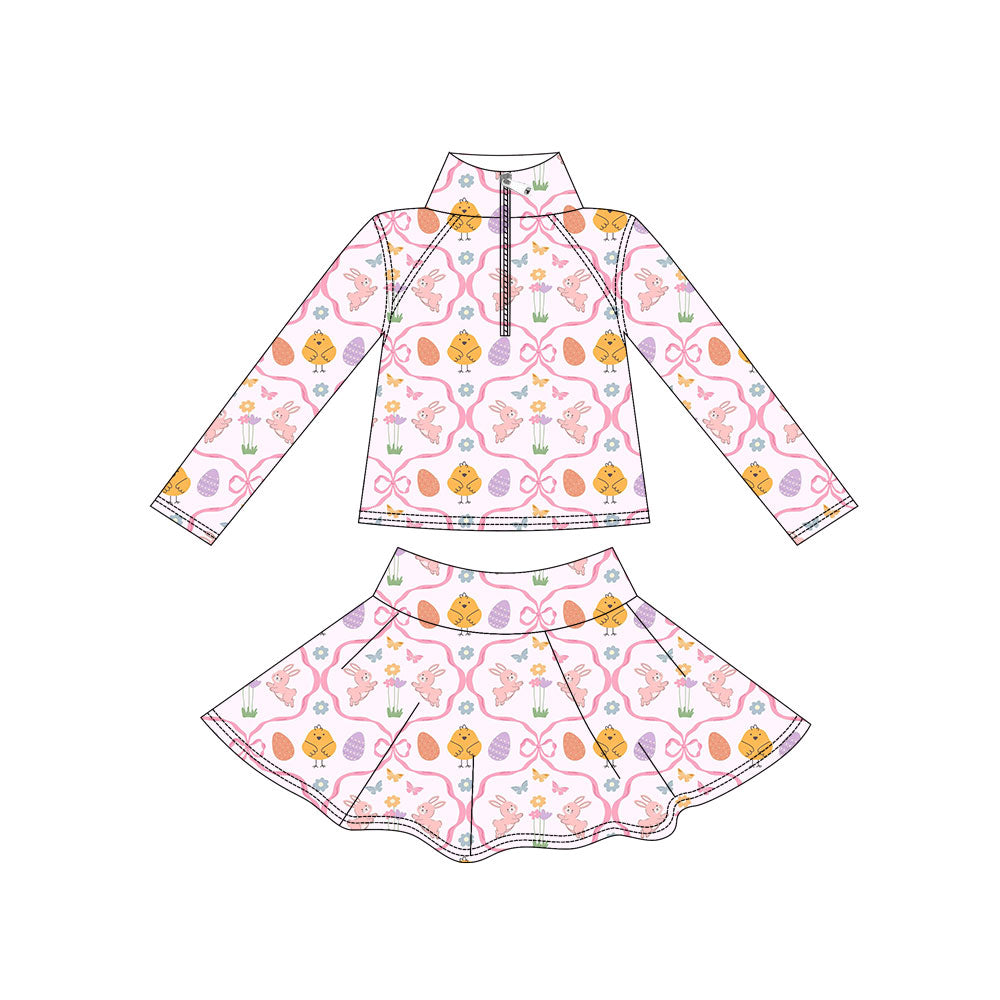 Preorder moq 5 Baby Girls’ Soft Yellow Chick & Bunny Print Zip Pullover Top & Skirt Set, Mardi Gras Yoga Activewear Outfit