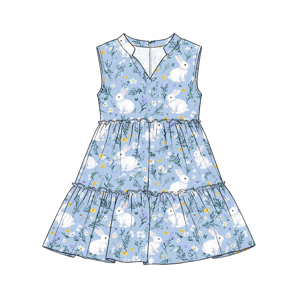 Preorder (moq 5) Girls Easter Colorful Bunny With Flows Print Sleeveless Tiered Dresses, Festive Holiday Outfit
