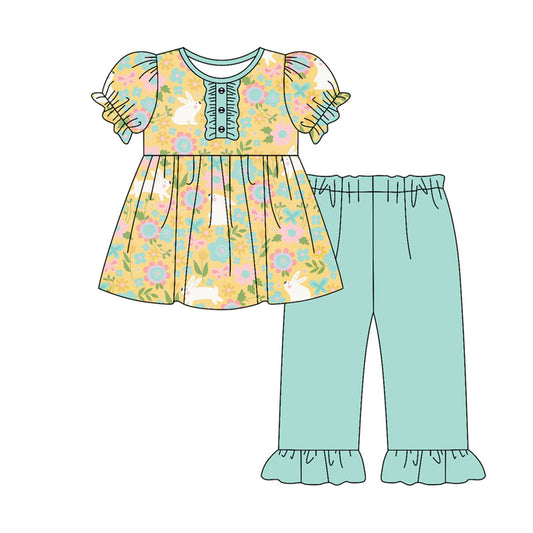 Preorder(moq 8)Baby Girls Flowers Rabbits Button Tunic Ruffle Pants Easter Clothes Sets