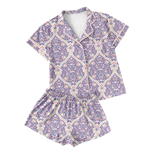 Preorder moq 5 Adult Women Flowers Checked Button Pockets Top Shorts Pajamas Sets