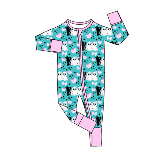 Preorder (moq 5)Baby Girls Ghosts BOO Halloween Two Way Zip Convertible Rompers