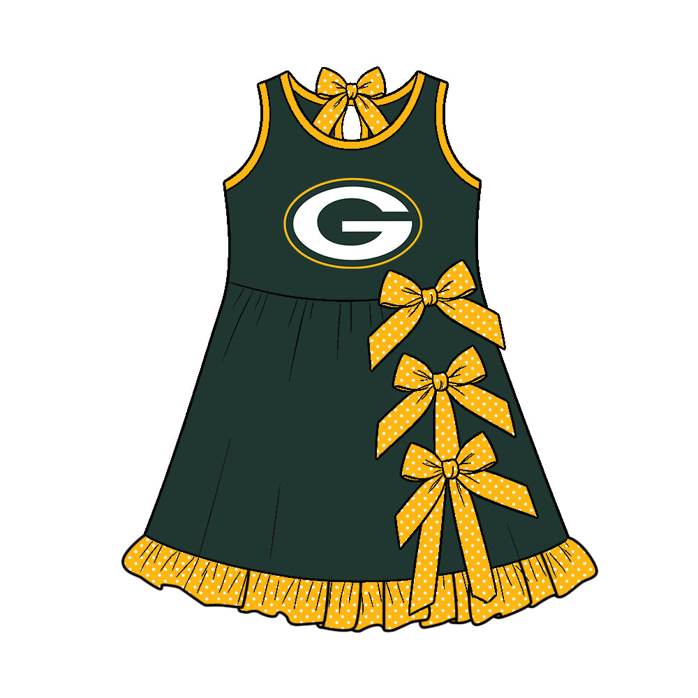 Preorder (moq 5)Baby Girls Sleeveless Packers Bows Short Team Knee Length Dress