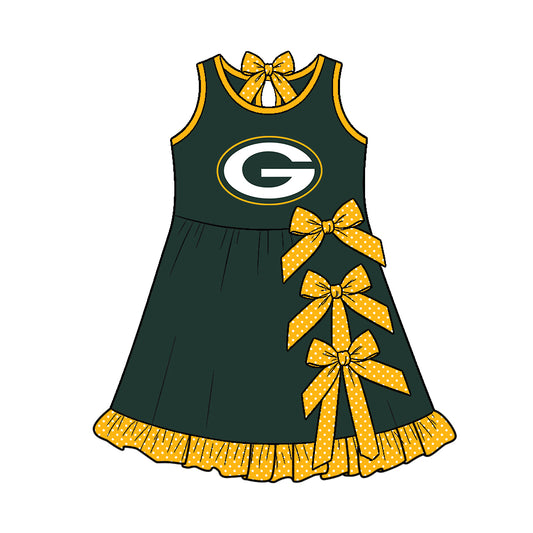 Preorder (moq 5)Baby Girls Sleeveless Packers Bows Short Team Knee Length Dress
