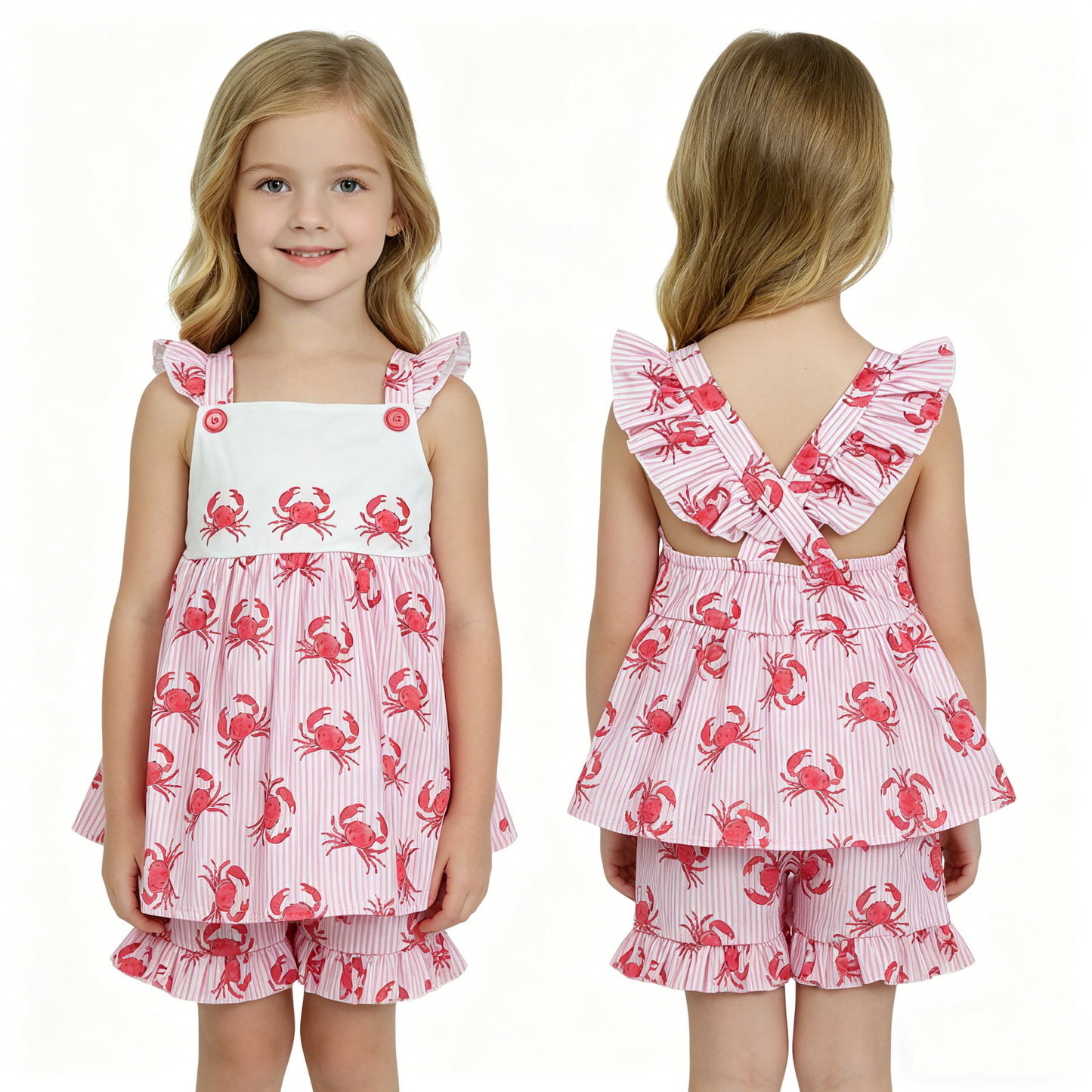 Baby Girls Flutter Sleeve Pink Stripe Crabs Tunic Ruffle Shorts Clothes Sets