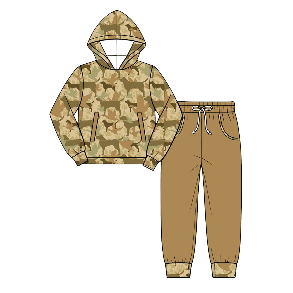 Preorder (moq 5) Baby Boy Clothes Khaki Hunting Dog Camo Print Long Sleeve Hoodie Jogger Pant Set