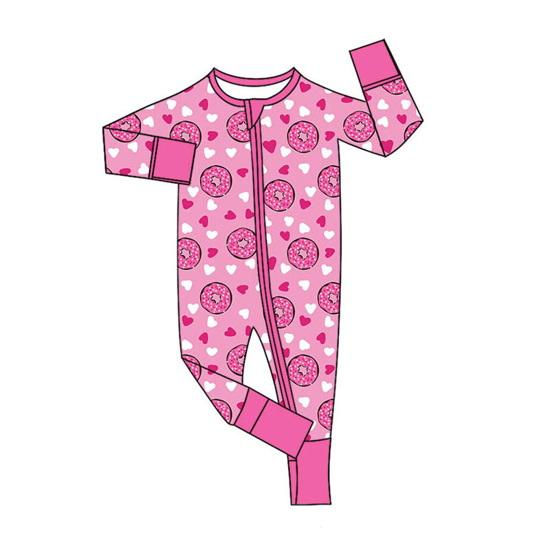 Preorder (moq 5)Baby Girls Pink Donuts Hearts Valentines Zip Convertible Rompers