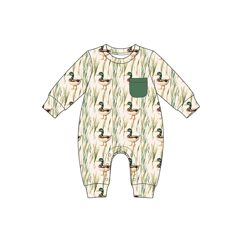Preorder(moq5) Unisex Long Sleeve Romper Patchwork Deer Duck Hunting Print Breathable Soft Snap Crotch