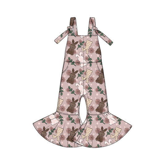 Pre-order(moq5)  Cute Girls Easter Sleeveless Tie Strap Flared Jumpsuit with Pockets