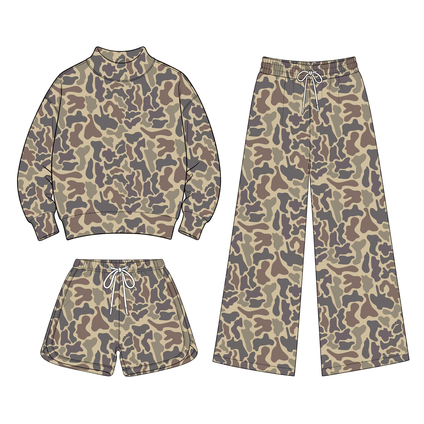 Preorder (moq 5) Baby Girls Camo Shirt Shorts Flare Pants Team Three Pieces Clothes Sets