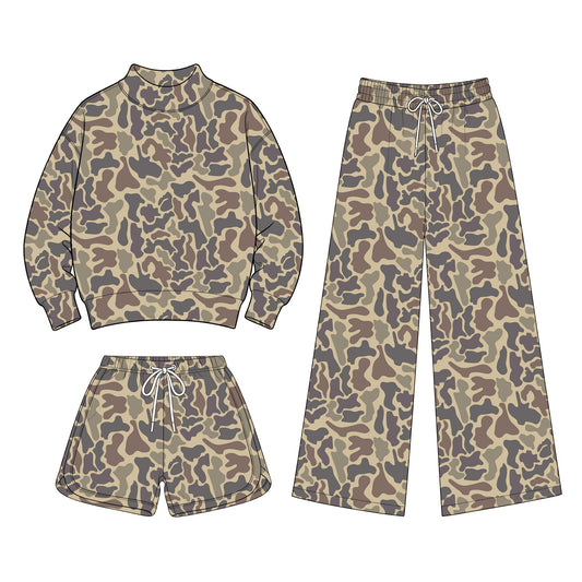 Preorder (moq 5) Baby Girls Camo Shirt Shorts Flare Pants Three Pieces Clothes Sets