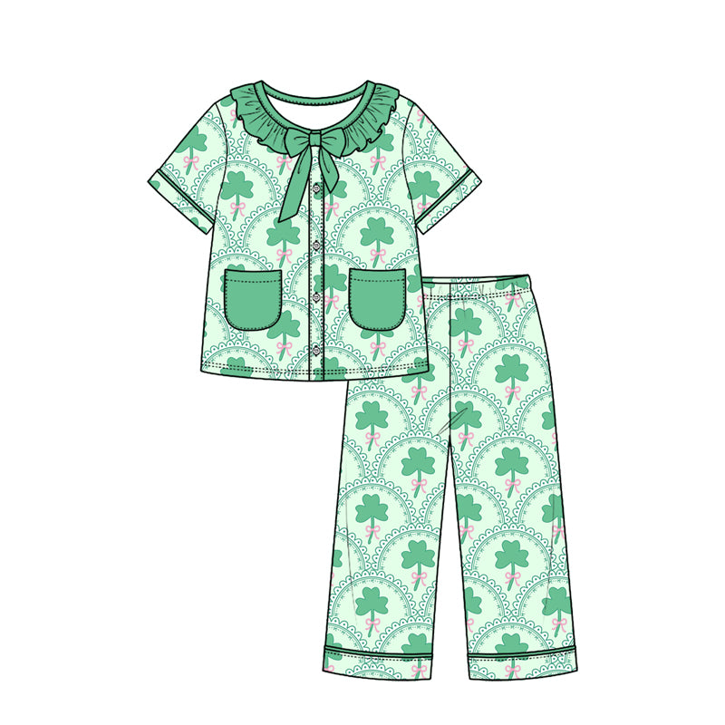 Preorder (moq 5) Baby Girl Clothes Lace Frame Clover Bow Mixed Print Short Sleeve Ruffle Bow Long Pant Pajama Set