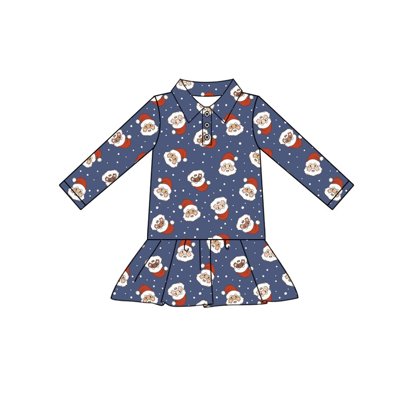 Preorder (moq 5)Baby Girls Long Sleeves Santa Plaid Button Ruffle Knee Length Dresses