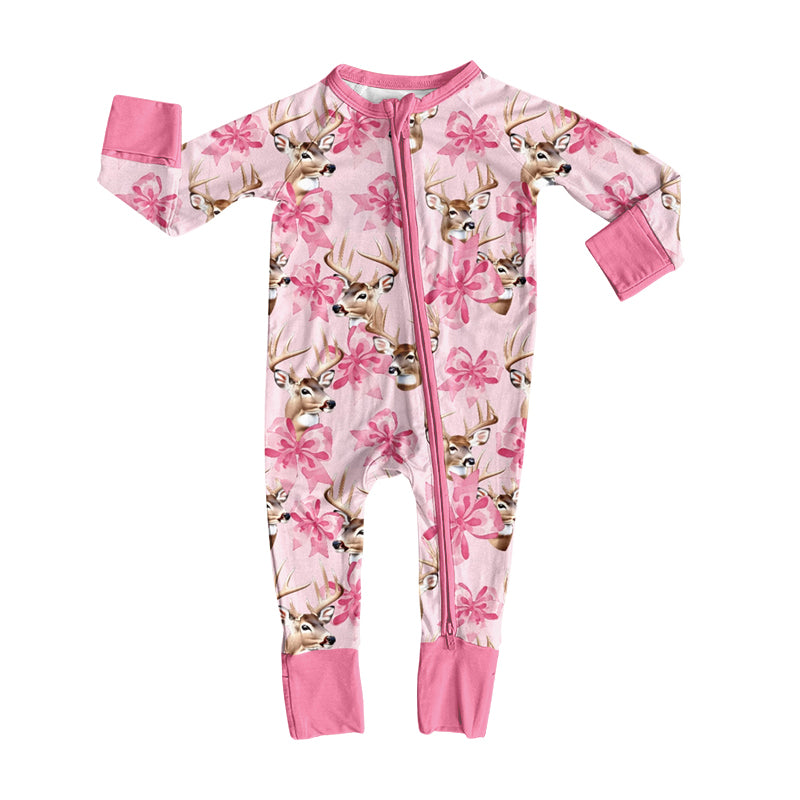 Preorder (moq 5) Baby Girl Clothes Deer Head Pink Bow Mixed Print Long Sleeve Zipper Romper