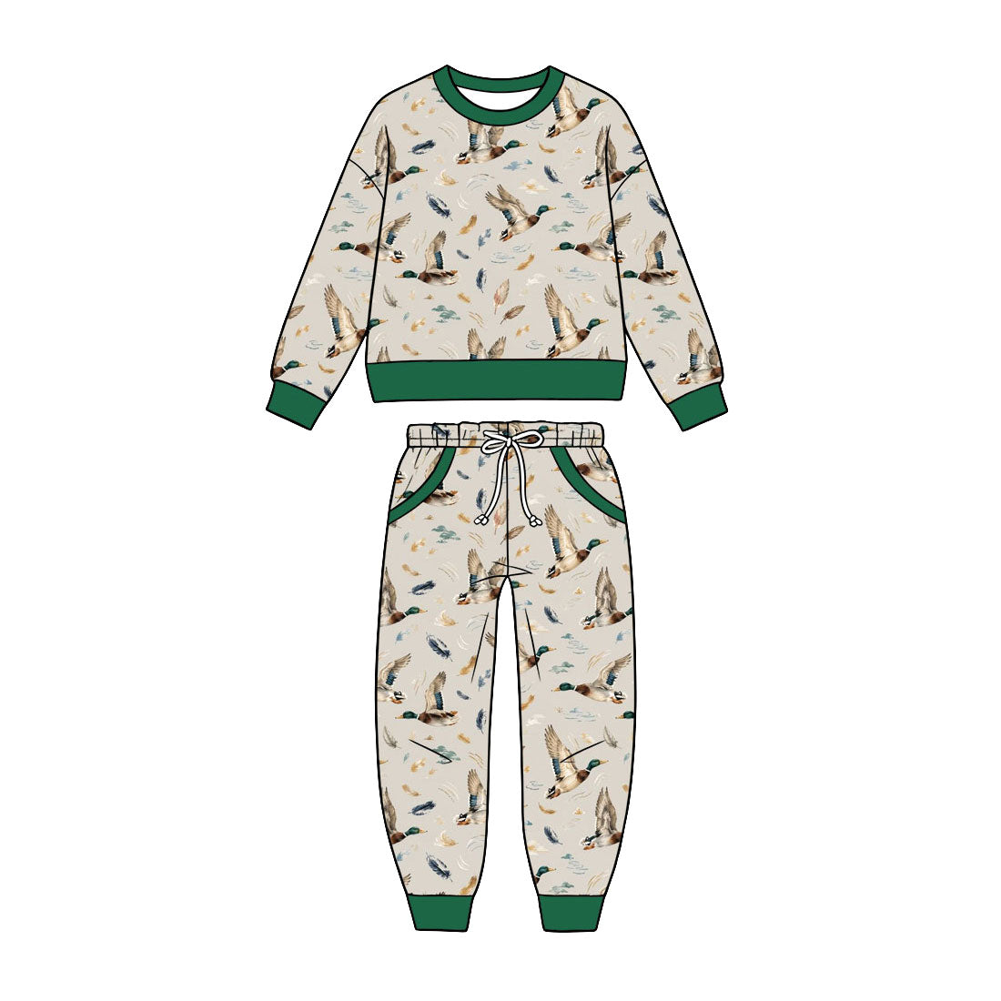Preorder (moq 5) Baby Boy Duck Feather Print Long Sleeve Sweatshirt Jogger Pant Set