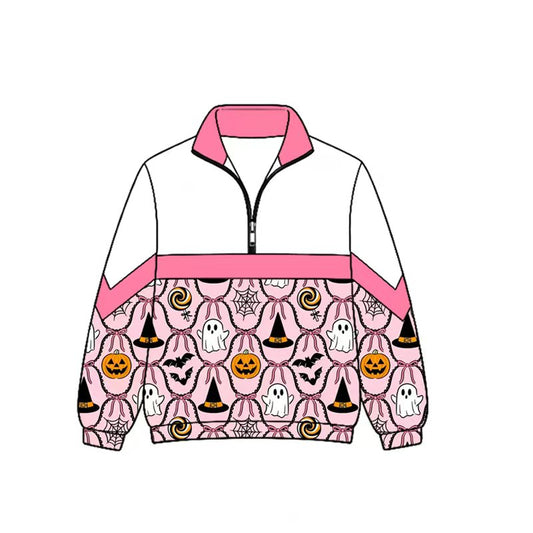 Preorder (moq 5)Baby Girls Pumpkins Bats Ghosts Halloween Zip Pullovers Top