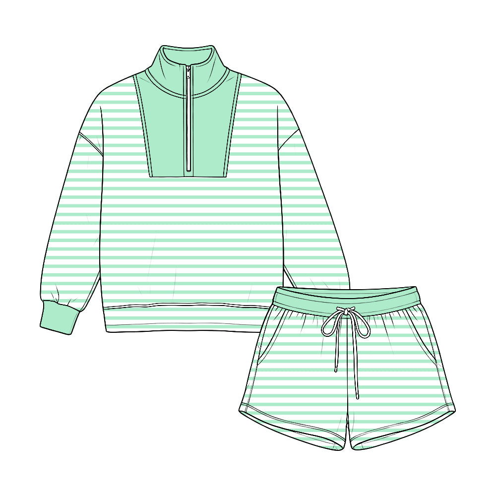 Pre-order(moq5) Kids’ Green Half-Zip Cropped Sweatshirt & Shorts 2-Piece Athletic Set