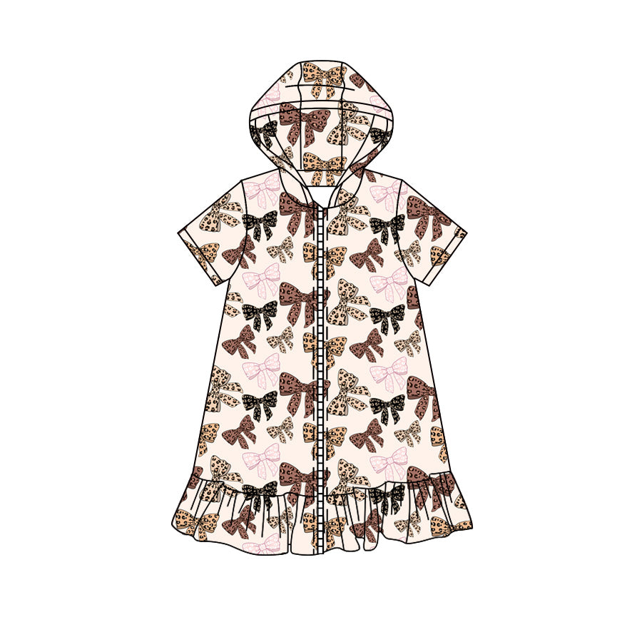 Preorder moq 5 Baby Girls Short Sleeve Leopard Bows Fall Zip Ruffle Knee Length Dresses