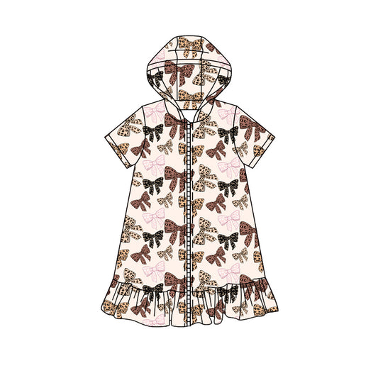 Preorder moq 5 Baby Girls Short Sleeve Leopard Bows Fall Zip Ruffle Knee Length Dresses