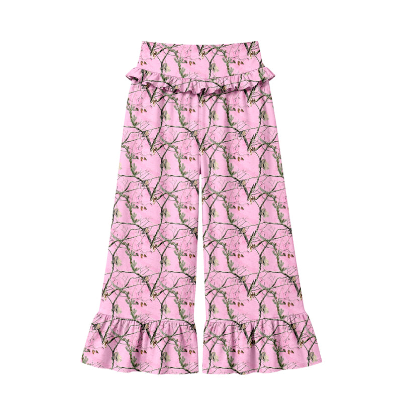 Preorder (moq 5) Women Clothes Pink Tree Branch Camo Print High Waist Ruffle Hem Wide Leg Pants