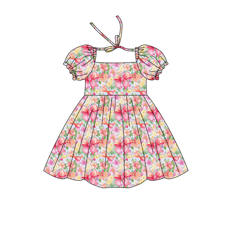 Preorder (moq 5)Baby Girls Short Ruffle Sleeve Colorful Bows Flowers Knee Length Dress