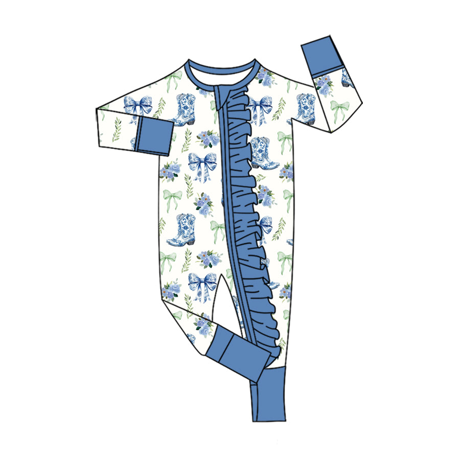Preorder (moq 5) Baby Girl Clothes Blue Cowboy Boot Bow Floral Mixed Print Long Sleeve Ruffle Zipper Romper