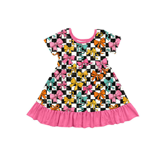 Preorder(moq 5) Baby Girls Black Checked Colorful Bows Ruffle Knee Length Dresses