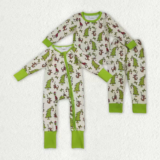 Sibling Baby Kids Green Face Christmas Trees Pajams Sets Zipper Footie Rompers
