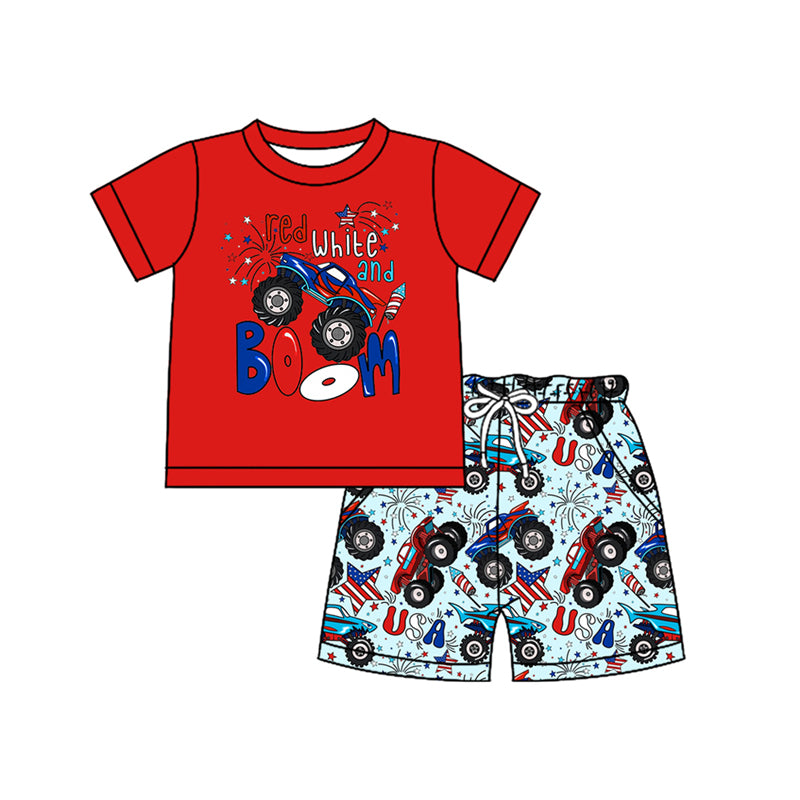 Preorder moq 5 Baby Boys Red Short Sleeves Stars Firework Top Pockets Shorts 4th Of July Set
