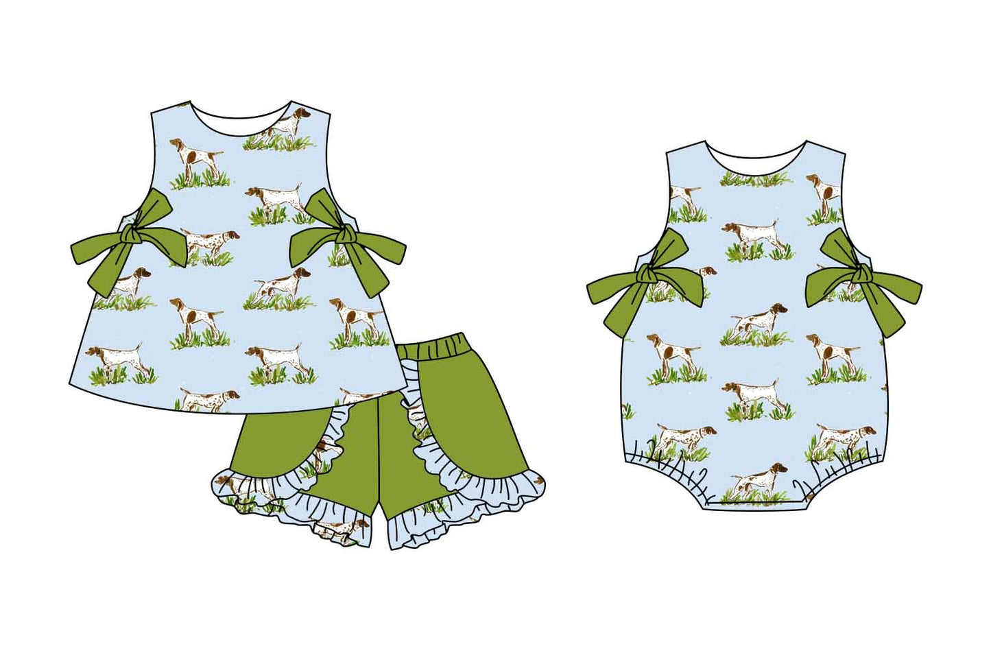 Preorder moq 5 Custom Baby Girls Sleeveless Dogs Bows Tunic Green Ruffle Short Set Rompers