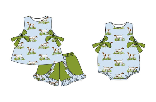 Preorder moq 5 Custom Baby Girls Sleeveless Dogs Bows Tunic Green Ruffle Short Set Rompers