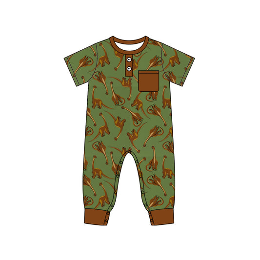 Baby Infant Boys Brown Green Dinosaur Pocket Rompers preorder(moq 5)