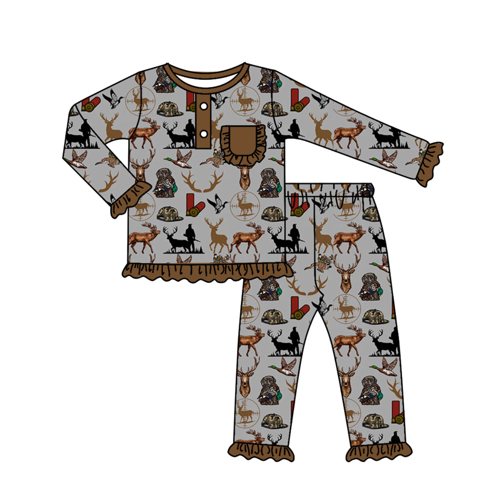 Baby Girls Fall Deers Ducks Camo Top Pants Pajamas Clothes Sets Preorder(moq 5)