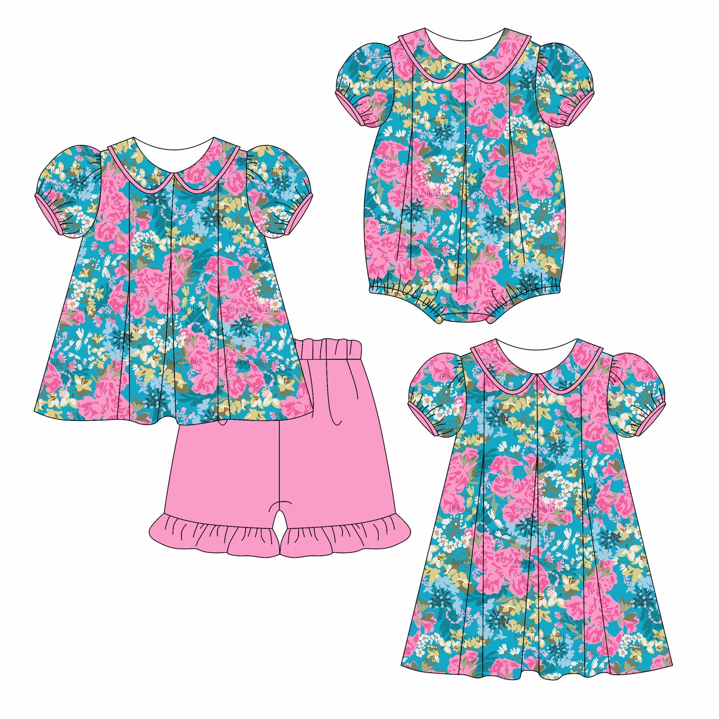 Preorder moq 5 Custom Baby Girls Dark Green Floral Tunic Pink Ruffle Short Set Knee Length Dress And Rompers