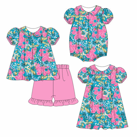 Preorder moq 5 Custom Baby Girls Dark Green Floral Tunic Pink Ruffle Short Set Knee Length Dress And Rompers