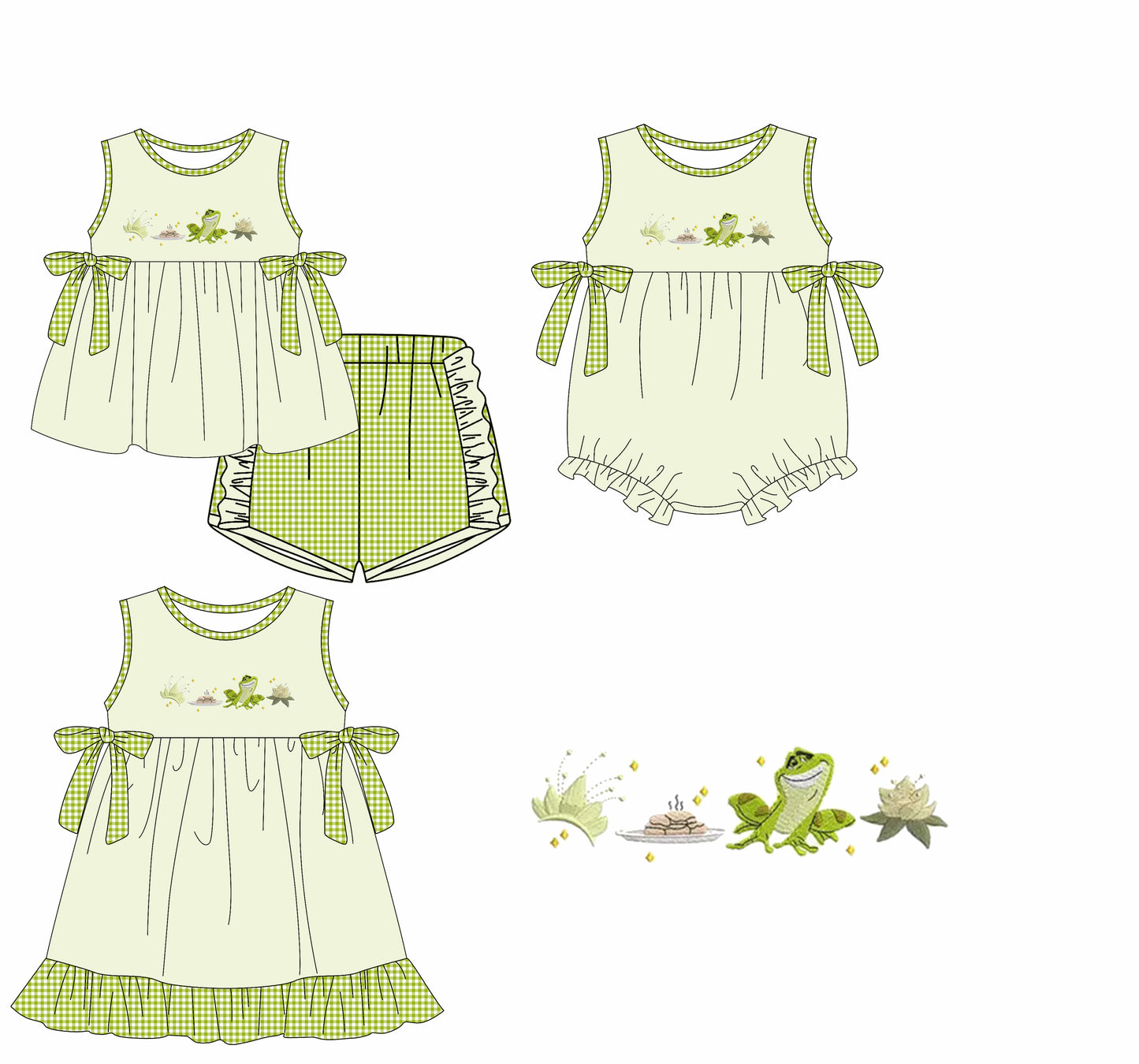 Preorder moq 5 Custom Baby Girls Green Sleeveless Flowers Frogs Tunic Plaid Ruffle Short Set Knee Length Dress Rompers