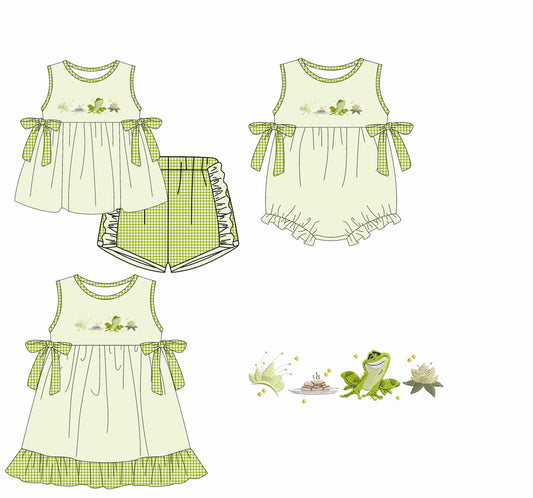 Preorder moq 5 Custom Baby Girls Green Sleeveless Flowers Frogs Tunic Plaid Ruffle Short Set Knee Length Dress Rompers