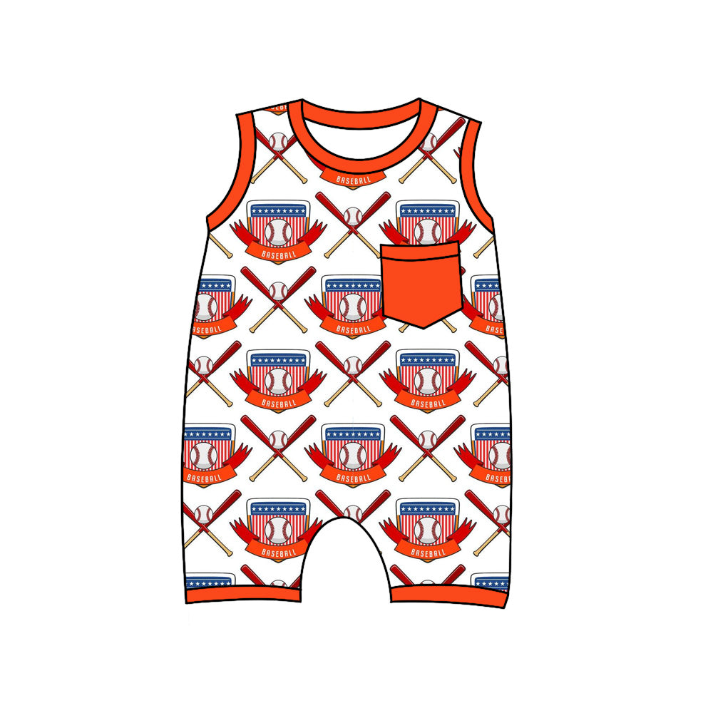 Preorder(moq 5)Baby Infant Boys Peach Sleeveless Baseballs Pocket Top Summer Romper