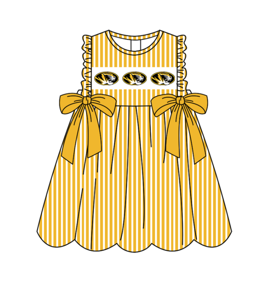 Preorder (moq 5)Baby Girls Sleeveless Yellow Stripe Tigers Bows Team Knee Length Dresses