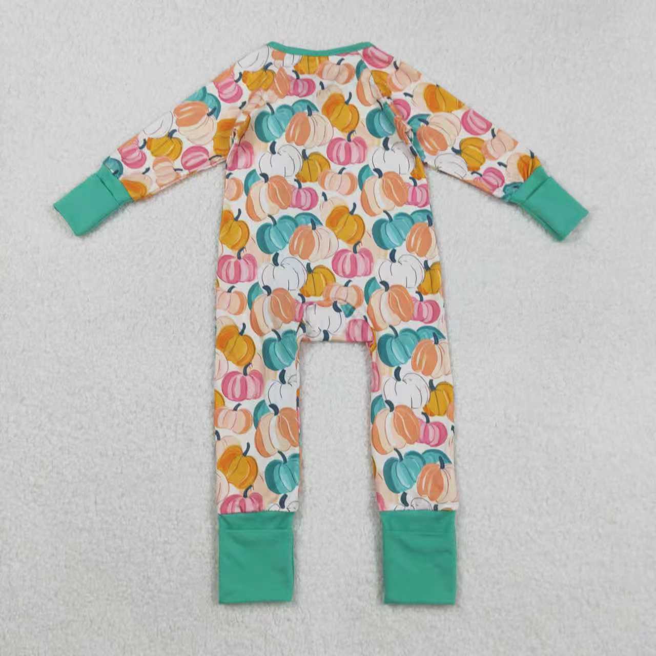 Sibling Baby Girls Green Orange Pumpkins Fall Pajamas Sets Rompers Knee Length Dresses