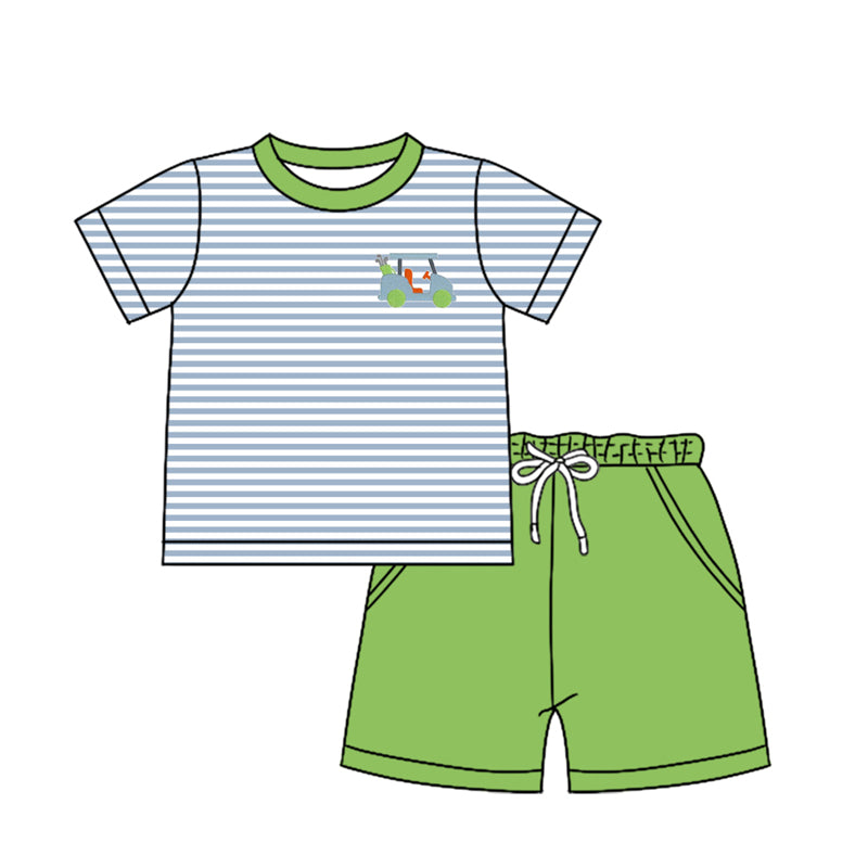 Preorder (moq 5)Baby Boys Stripes Golf Cart Shirts Pockets Shorts Clothes Sets