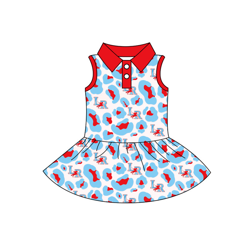 Preorder (moq 5)Baby Girls LR Red Blue Sleeveless Leopard Button Team Knee Length Dresses