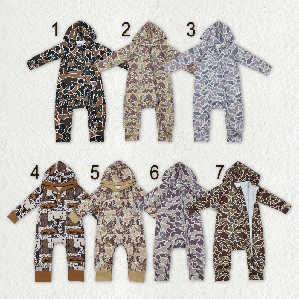 Sibling Baby Boys Southern Hunting Camo Button Two Way Zip Convertible Hoodie Rompers