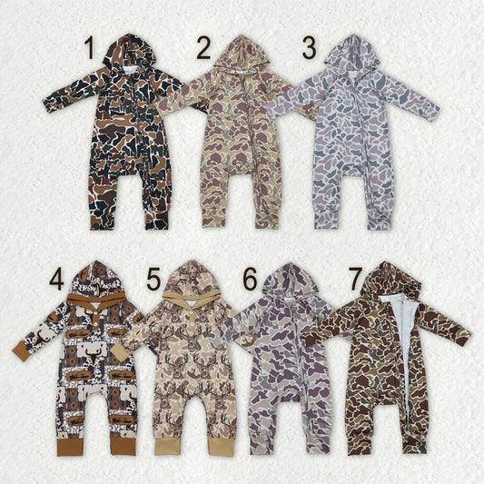 Sibling Baby Boys Southern Hunting Camo Button Two Way Zip Convertible Hoodie Rompers
