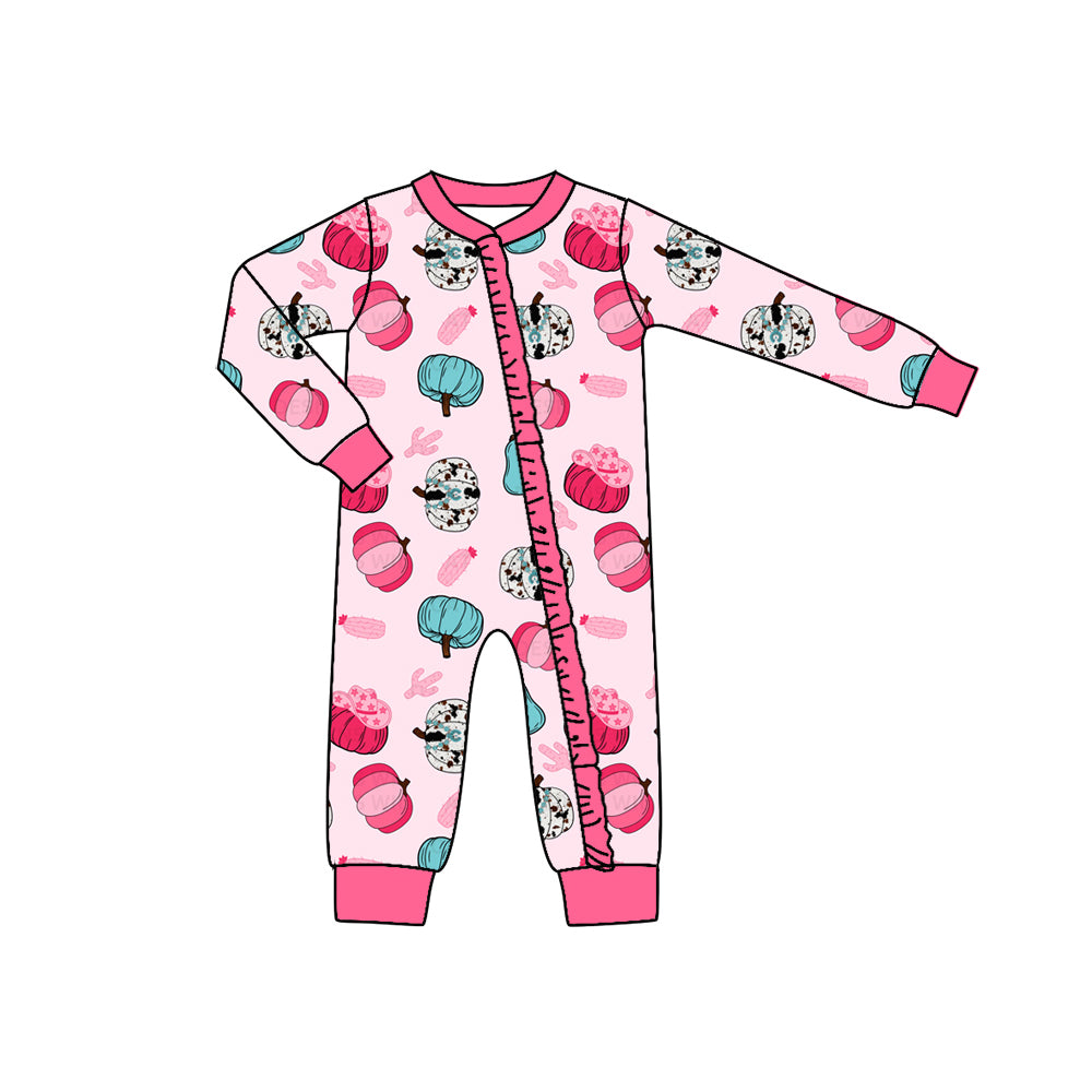 Baby Girls Pink Western Pumpkins Long Sleeve Zip Rompers preorder(moq 5)